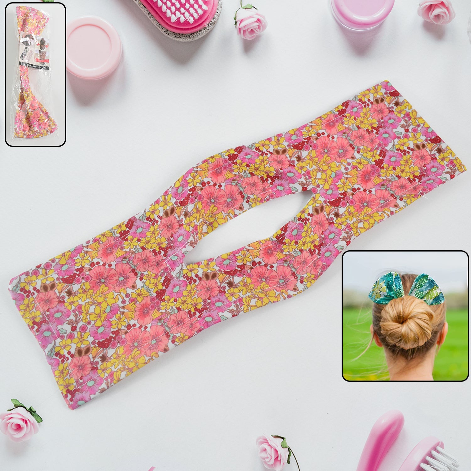 Floral knotted wire hair band, pink and yellow flower pattern