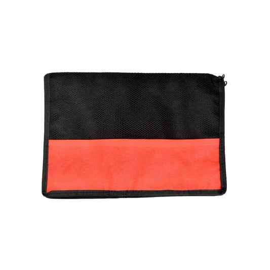 Laptop cover bag with black exterior and red front panel, top zip closure
