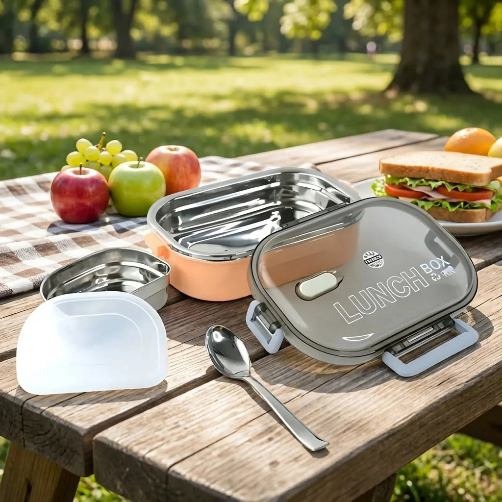 Gray leak-proof lunch box with compartments and lid, includes spoon and fork