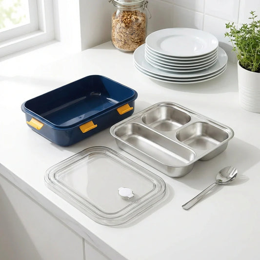 Leak-proof stainless steel lunchbox set with dark blue lid and divided metal trays
