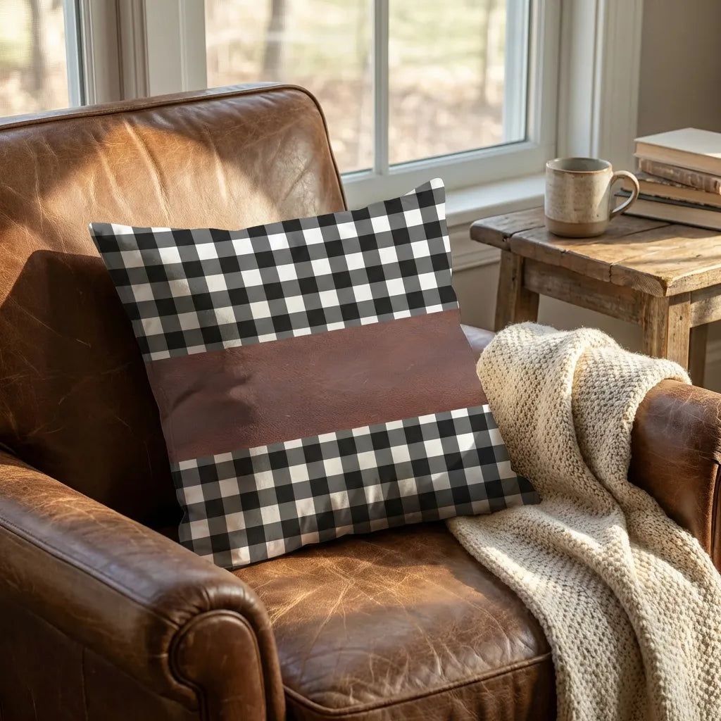 Leather cushion cover: black-and-white buffalo check with dark brown middle stripe