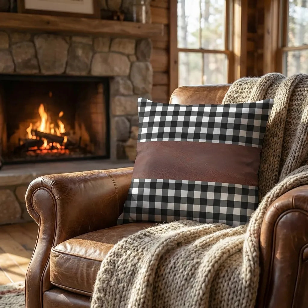 Leather cushion cover with black-and-white check pattern and brown center band