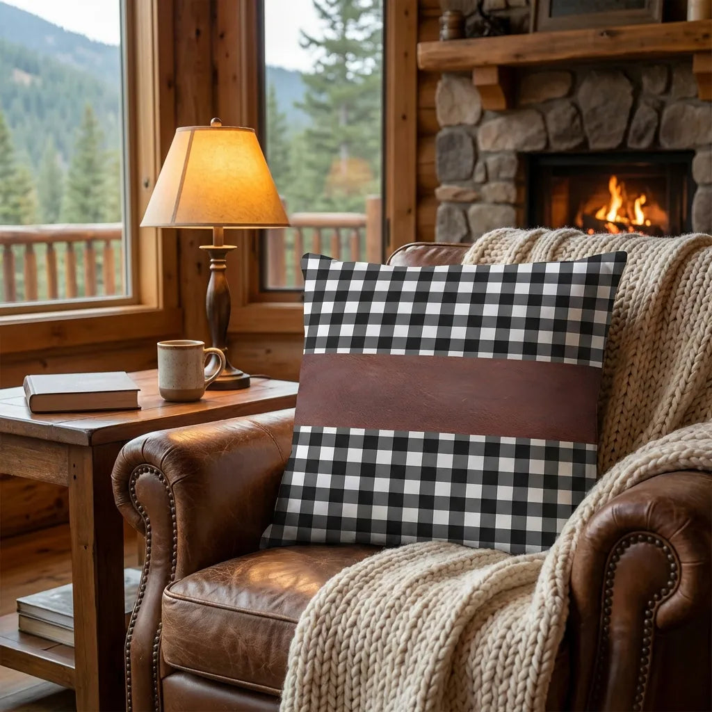 Leather cushion cover with buffalo check top and bottom panels plus brown middle band