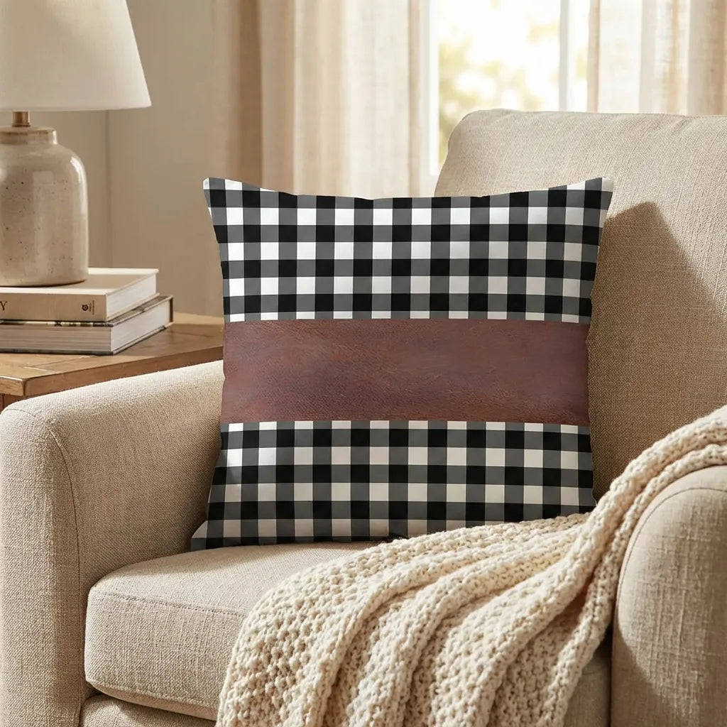 Leather cushion cover showing black-and-white check fabric and brown horizontal middle