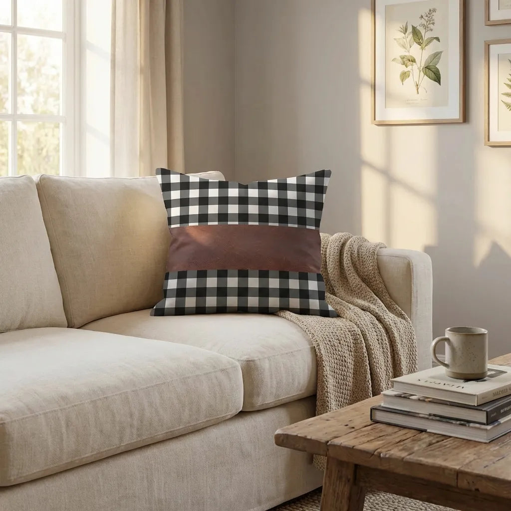 Leather cushion cover with black-and-white check pattern and brown band across center