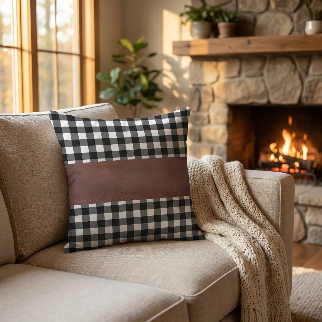 Leather cushion cover with black-and-white check squares and brown center strip