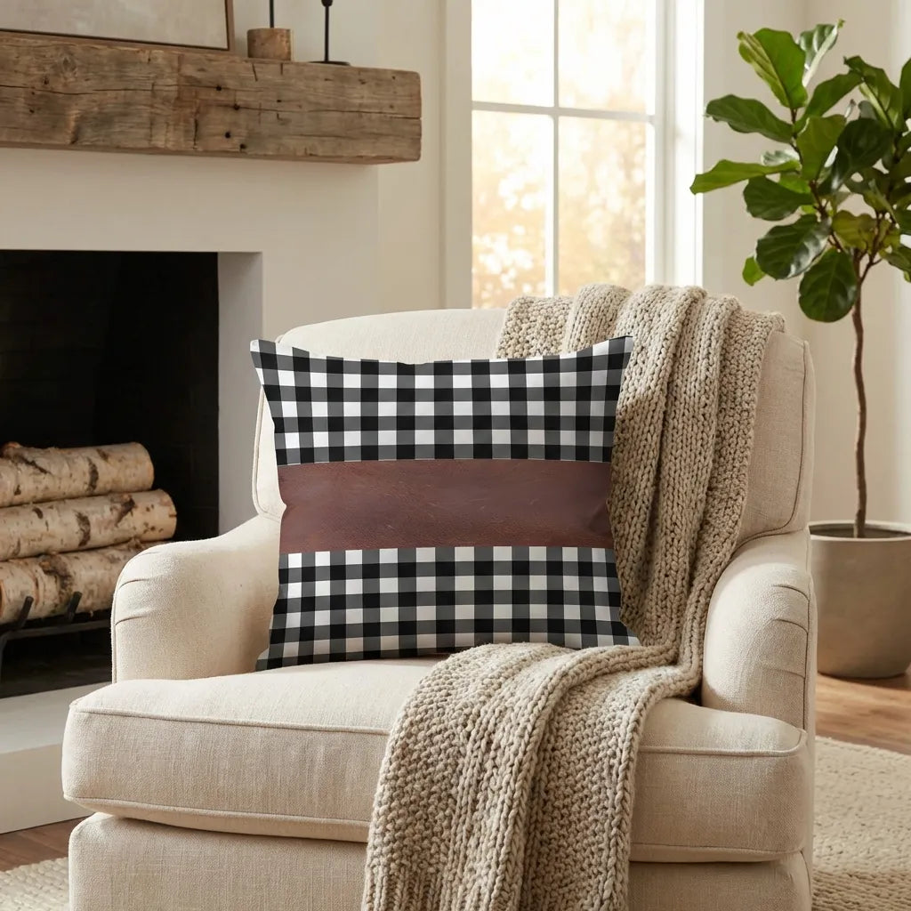 Leather cushion cover featuring black-and-white check and a dark brown horizontal band