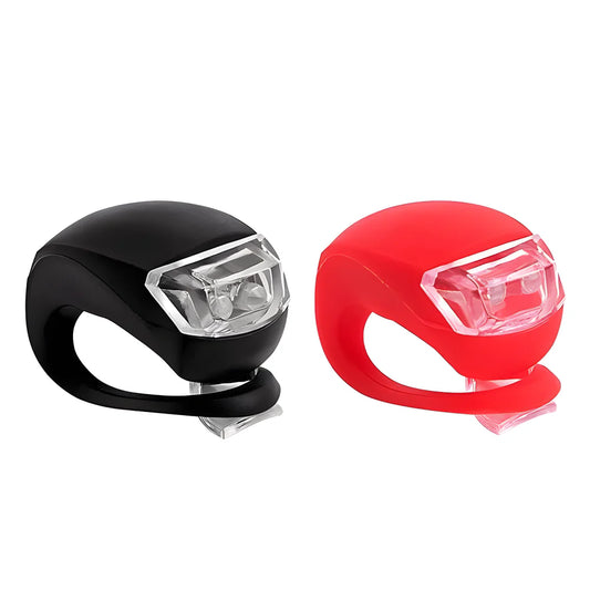 LED bike light set with front white and rear red clip lights, black and red housings
