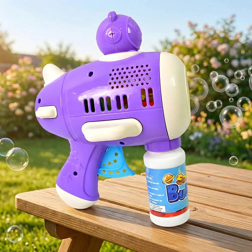 Purple LED bubble launcher toy with speaker grille and bubble bottle