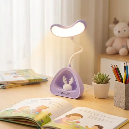 LED desk reading lamp with purple triangular base and glowing white wavy head