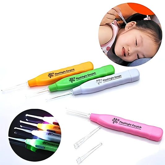 LED ear cleaner kit with colored ear picks and transparent cleaning tip tools