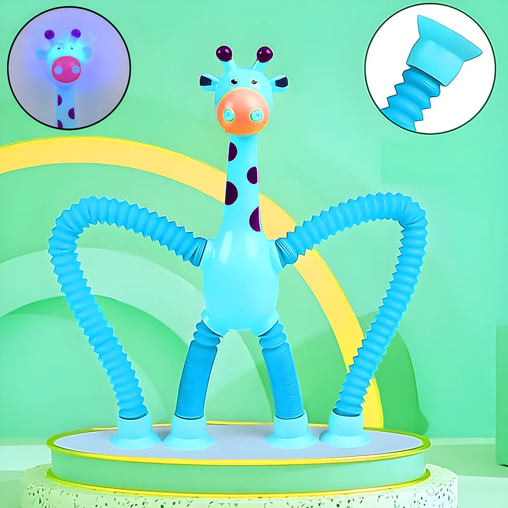 LED light-up giraffe toy with blue body, purple spots, and round base