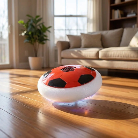 LED hover soccer ball, red panels with black accents and glowing white underside