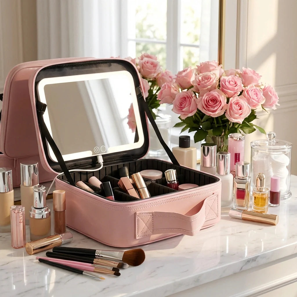 LED makeup organizer with mirror, pink case with LED-lit square mirror and slots