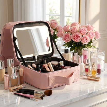LED makeup organizer with mirror, pink case with LED-lit square mirror and slots