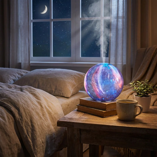 Moon lamp diffuser, blue-purple glowing sphere on wooden base