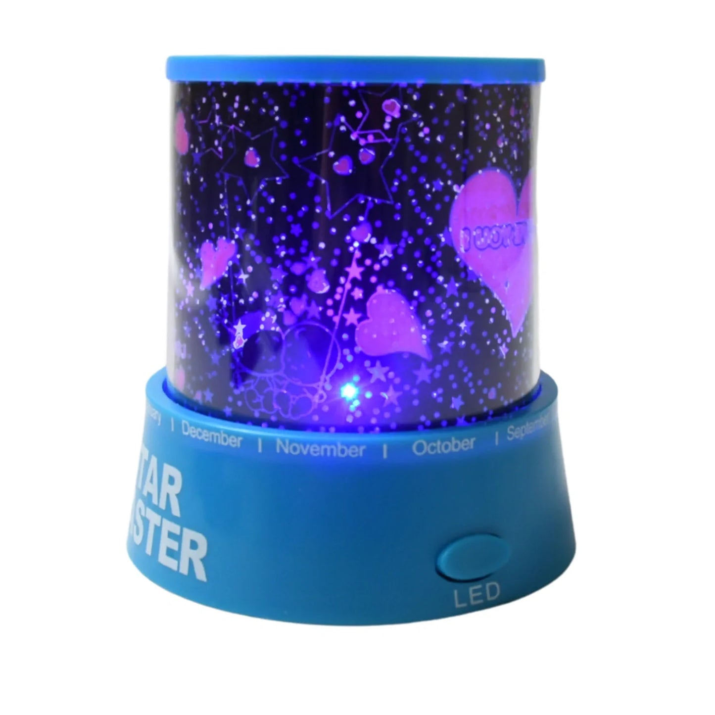 Cylindrical LED projector night light with blue base, purple star and moon pattern