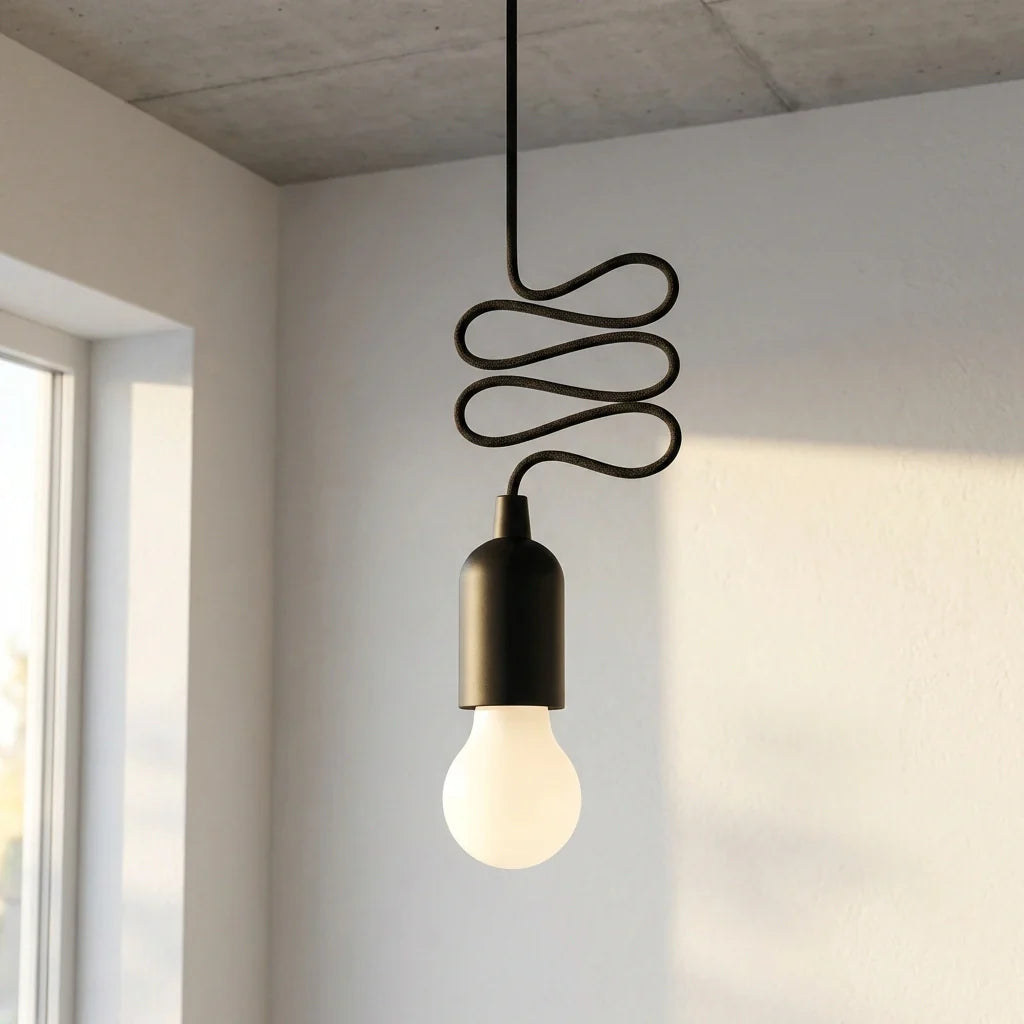 LED pull cord light with black cord and frosted bulb shade