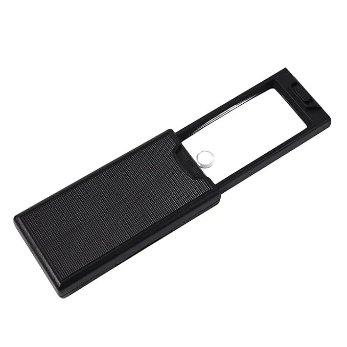 LED reading magnifier with rectangular dark mesh lens frame and ring button