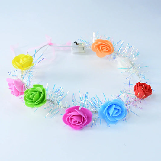 LED rose flower headband with multicolor roses and glowing tinsel lights