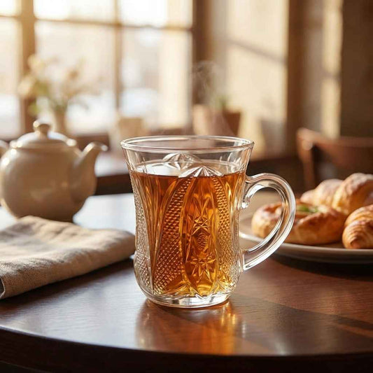 Embellished clear glass drink cup with handle, filled with amber liquid