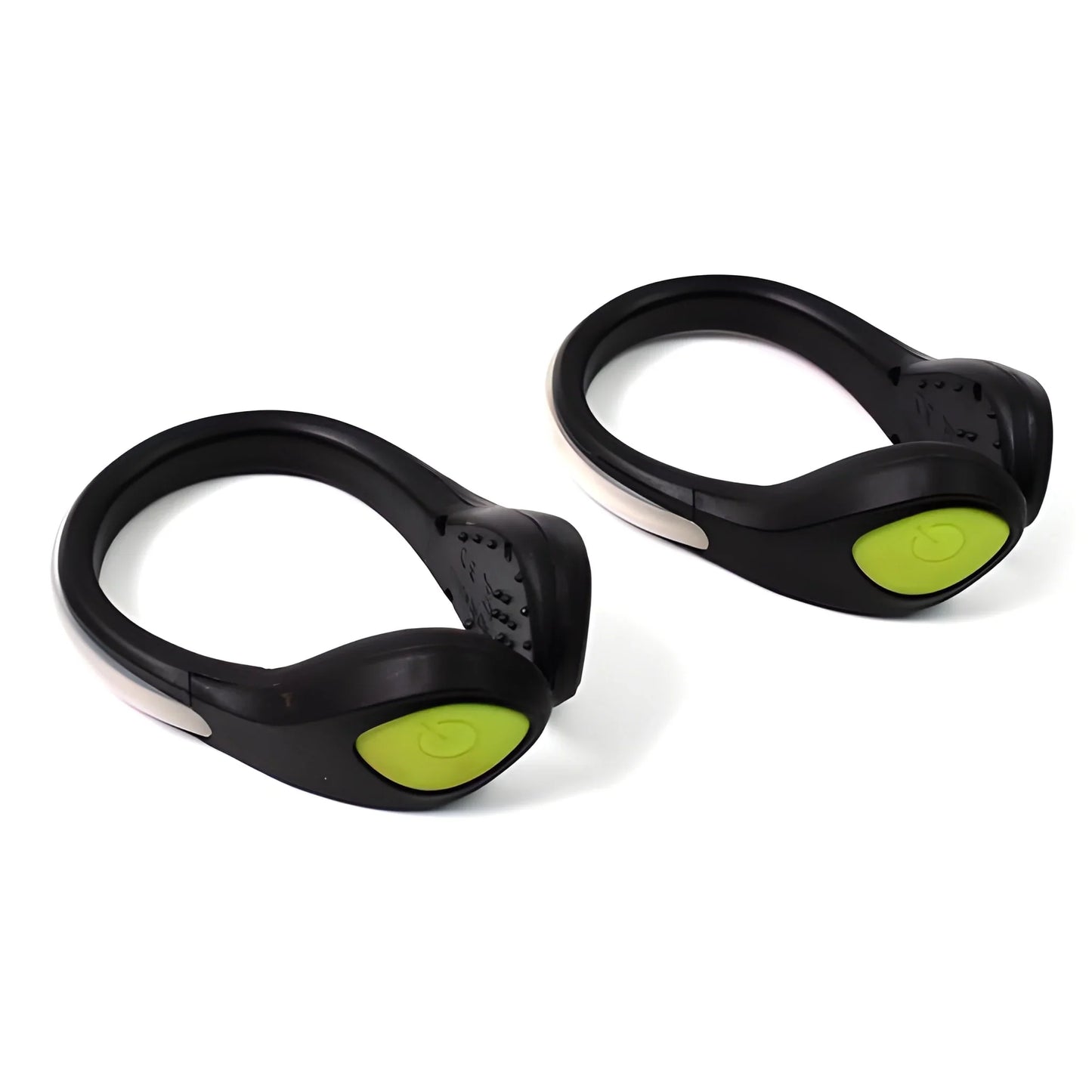 LED shoe clip lights, black clips with green light lenses, pair