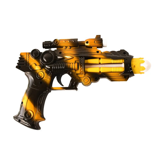 LED space blaster toy, gold and black sci-fi blaster with scope and barrel details