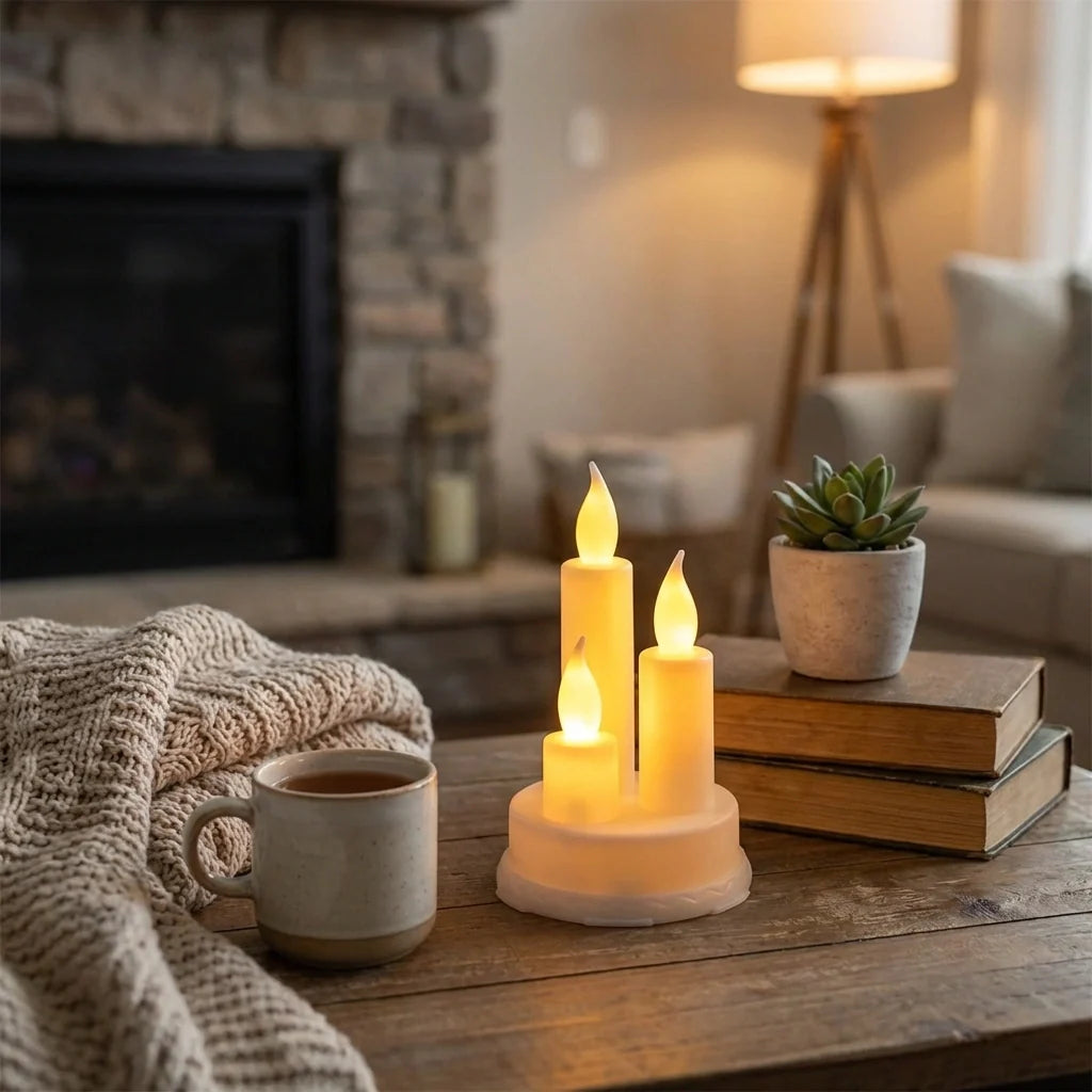 LED taper candles with glowing yellow flames on a base holder