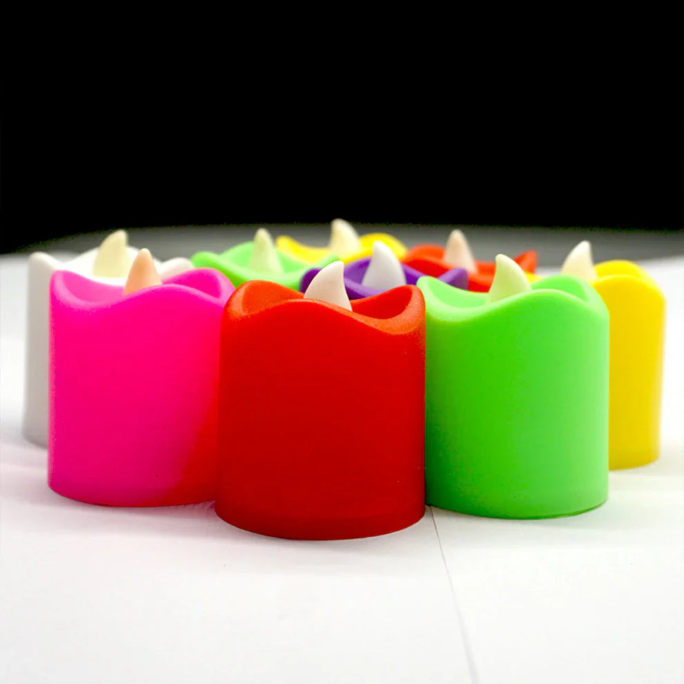 LED tealight candles set, multicolor wax cups with flame-shaped tops
