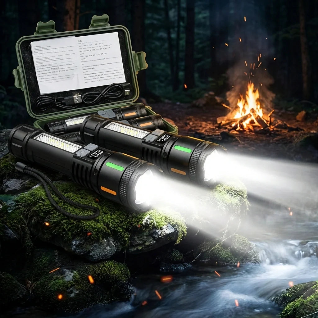 High-lumens LED flashlight with bright beam, black body and green accents