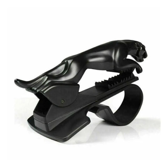 Leopard-style car phone holder with black adjustable clamp and cradle
