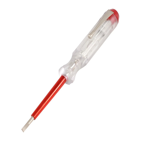 Voltage tester screwdriver with red handle and clear body, metal tip