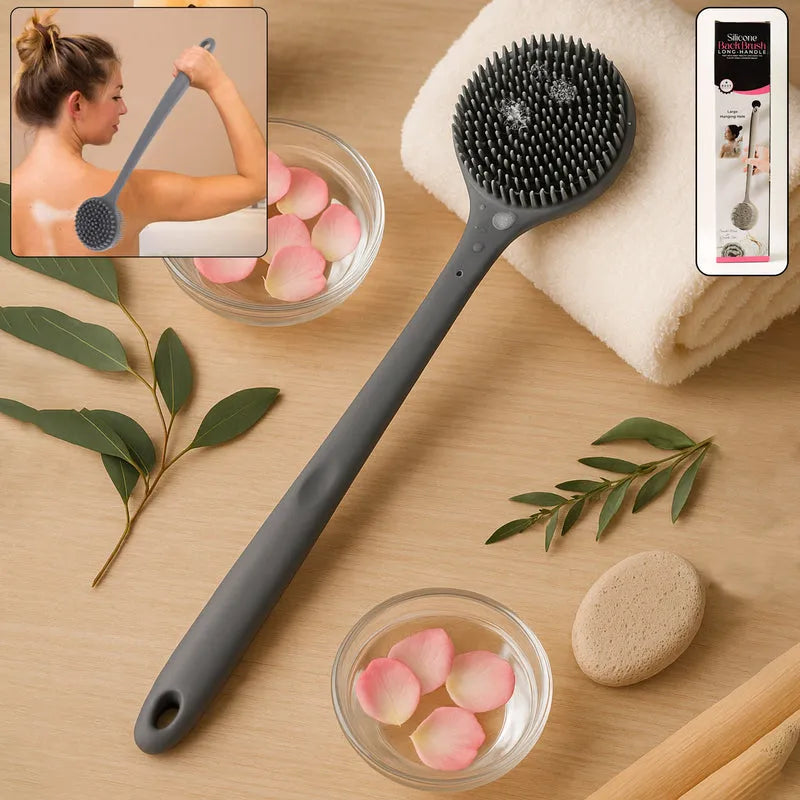 Long silicone back scrubber with long handle and round spiked cleaning head, dark gray