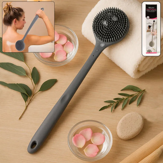 Long silicone back scrubber with long handle and round spiked cleaning head, dark gray