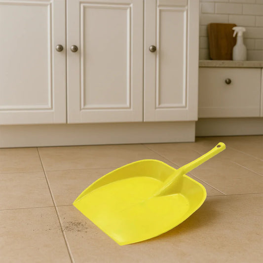 Yellow long-handle dustpan with wide scoop for sweeping debris