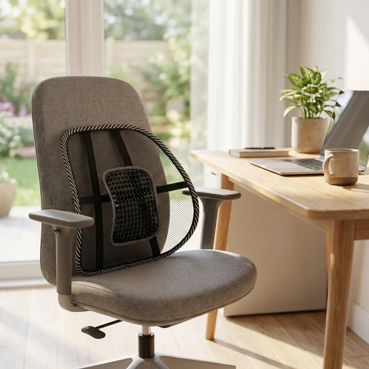 Gray lumbar support cushion with contoured back insert and wrap-around straps