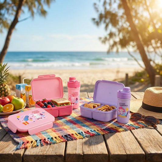 Kids lunch box and bottle set, pink and purple containers with flip-top bottles