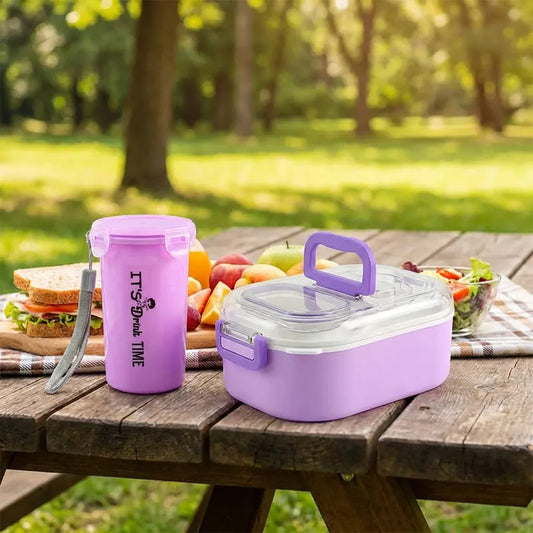 Lavender lunch box set with cutlery, clear lid, and tall snack cup