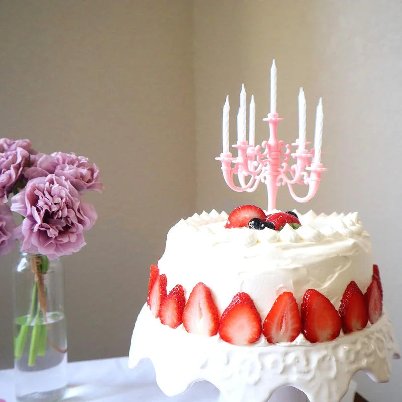Reusable cake candle set with pink and white 7-wick holder