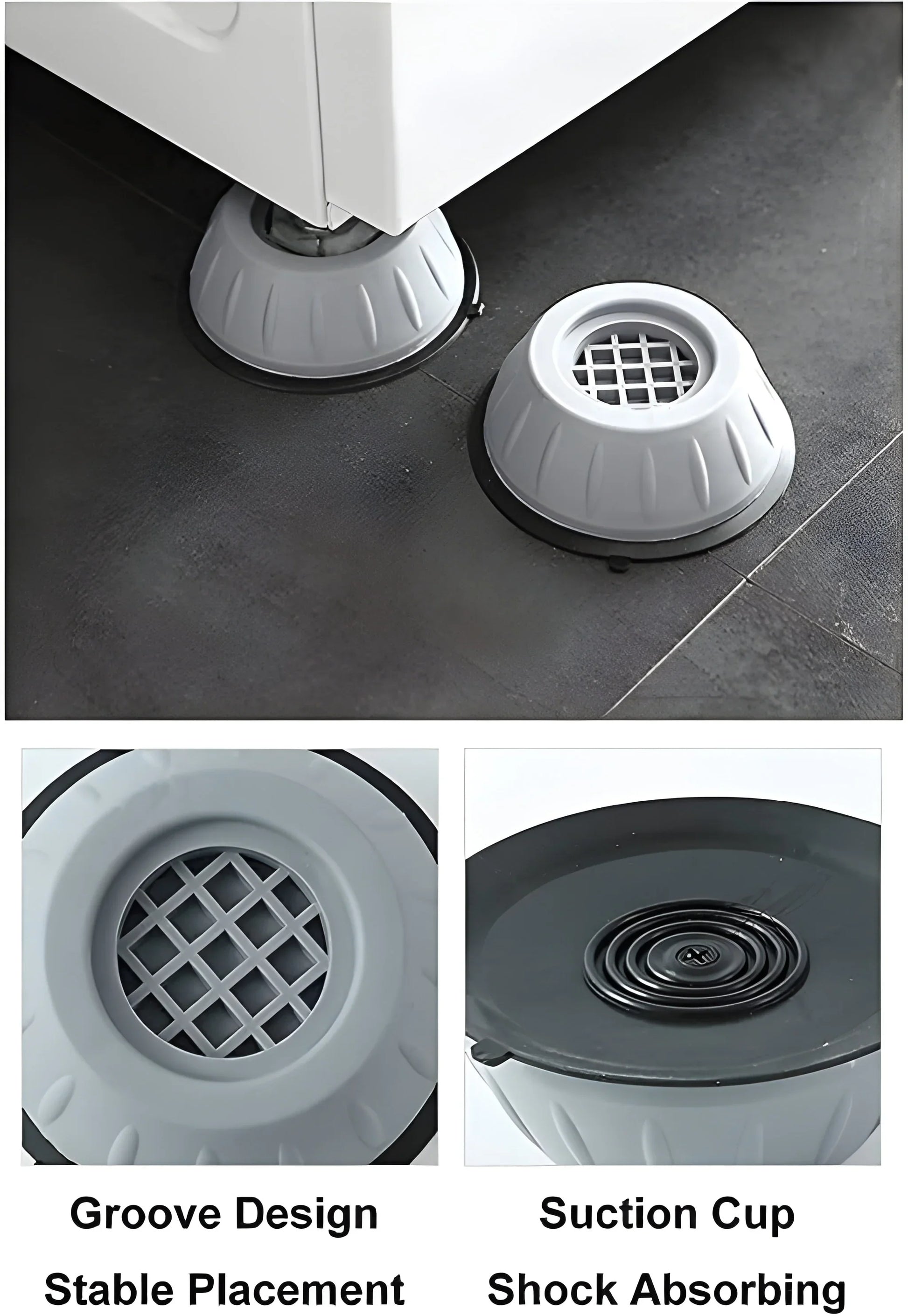 Circular anti-walk machine leveling pads with suction-grid tops under appliance feet