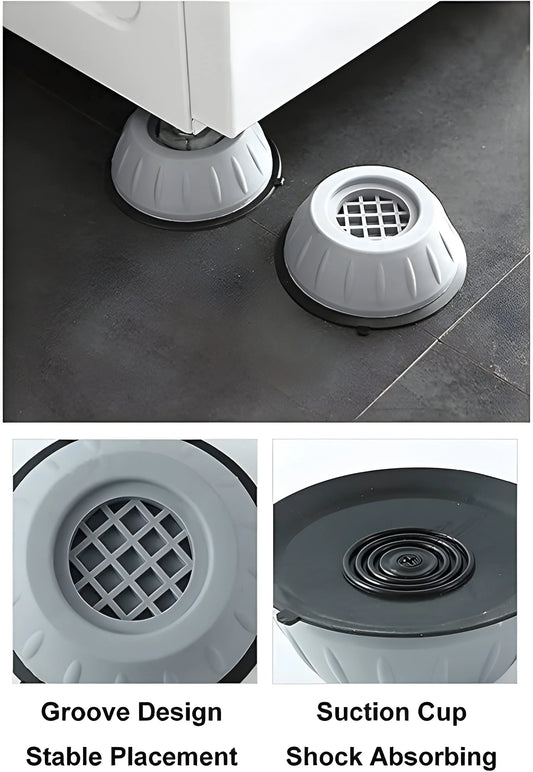 Circular anti-walk machine leveling pads with suction-grid tops under appliance feet