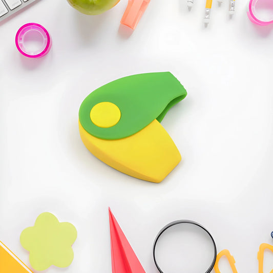 Two-tone green and yellow spinner eraser, rounded oval shape