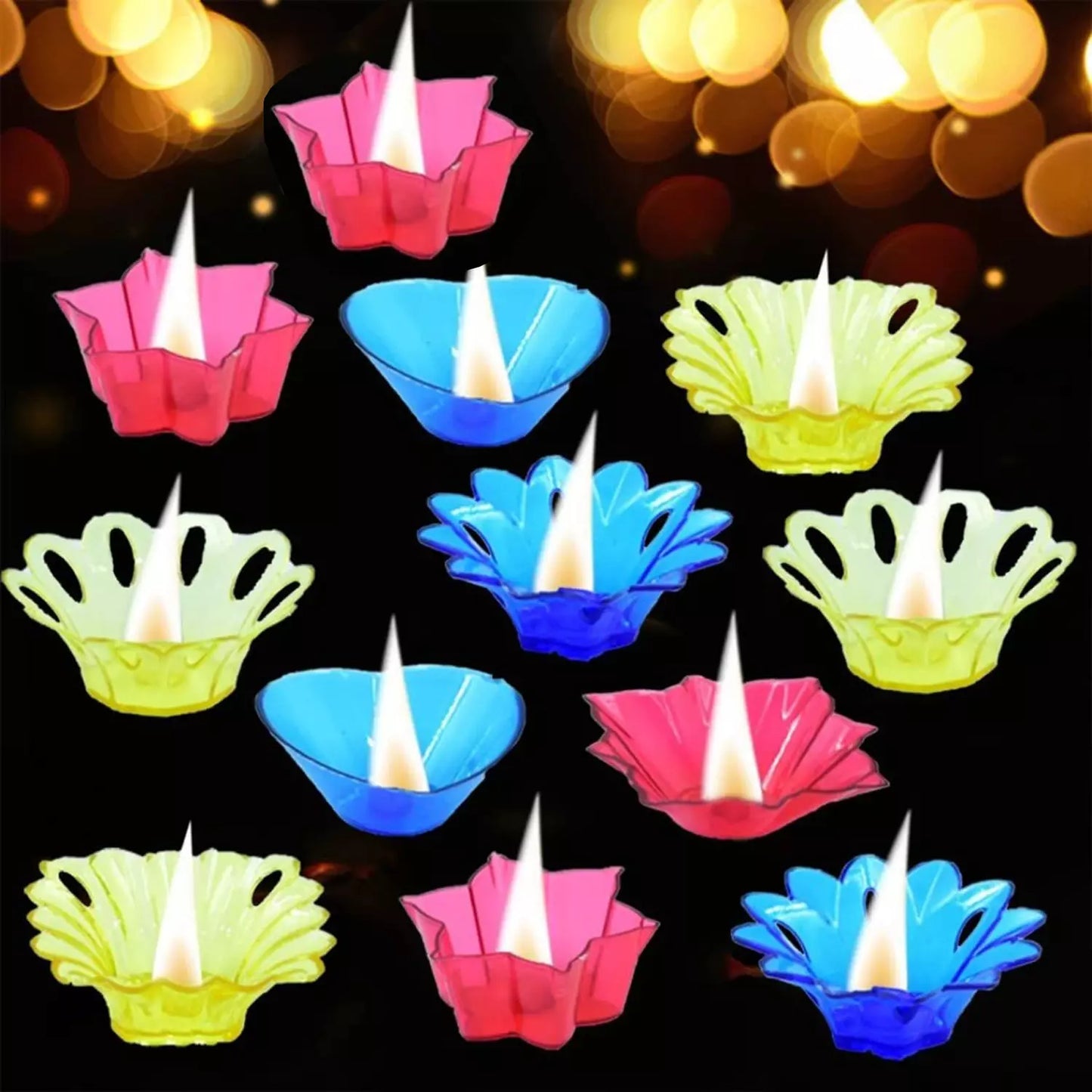 Lotus-shaped diya set with lit candles in pink, blue, and green