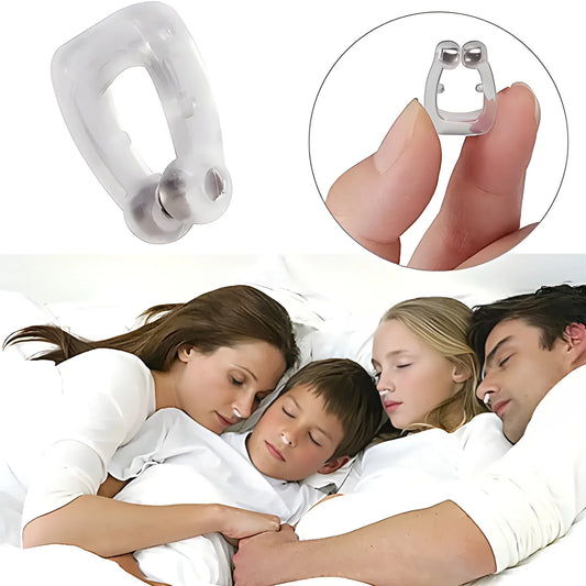 Magnetic anti-snore clip with clear frame and metal nosepiece.