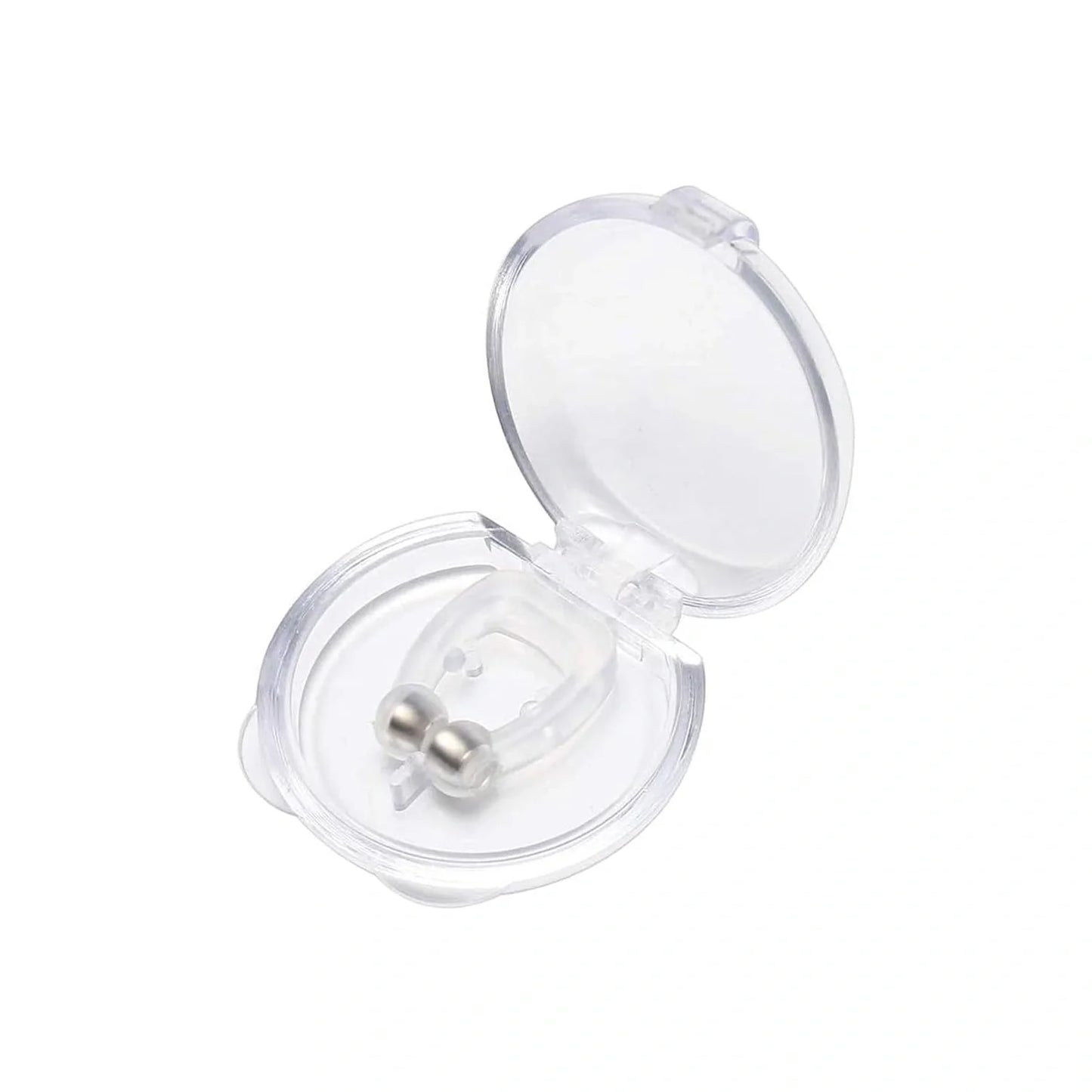 Anti-snore nose clip with clear plastic frame and metal spring, open view