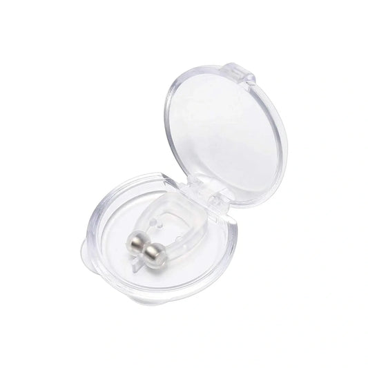 Anti-snore nose clip with clear plastic frame and metal spring, open view