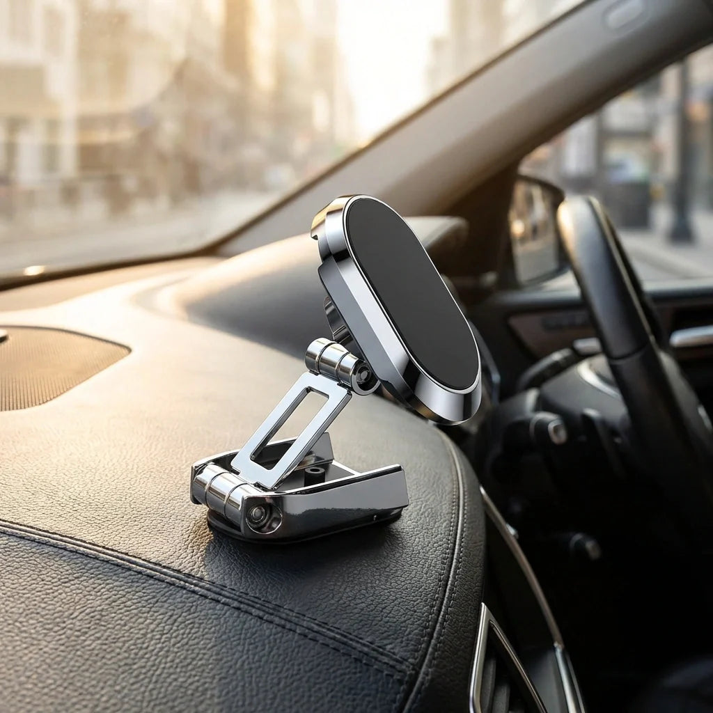 Magnetic car phone holder mount with dark phone clamp on dashboard