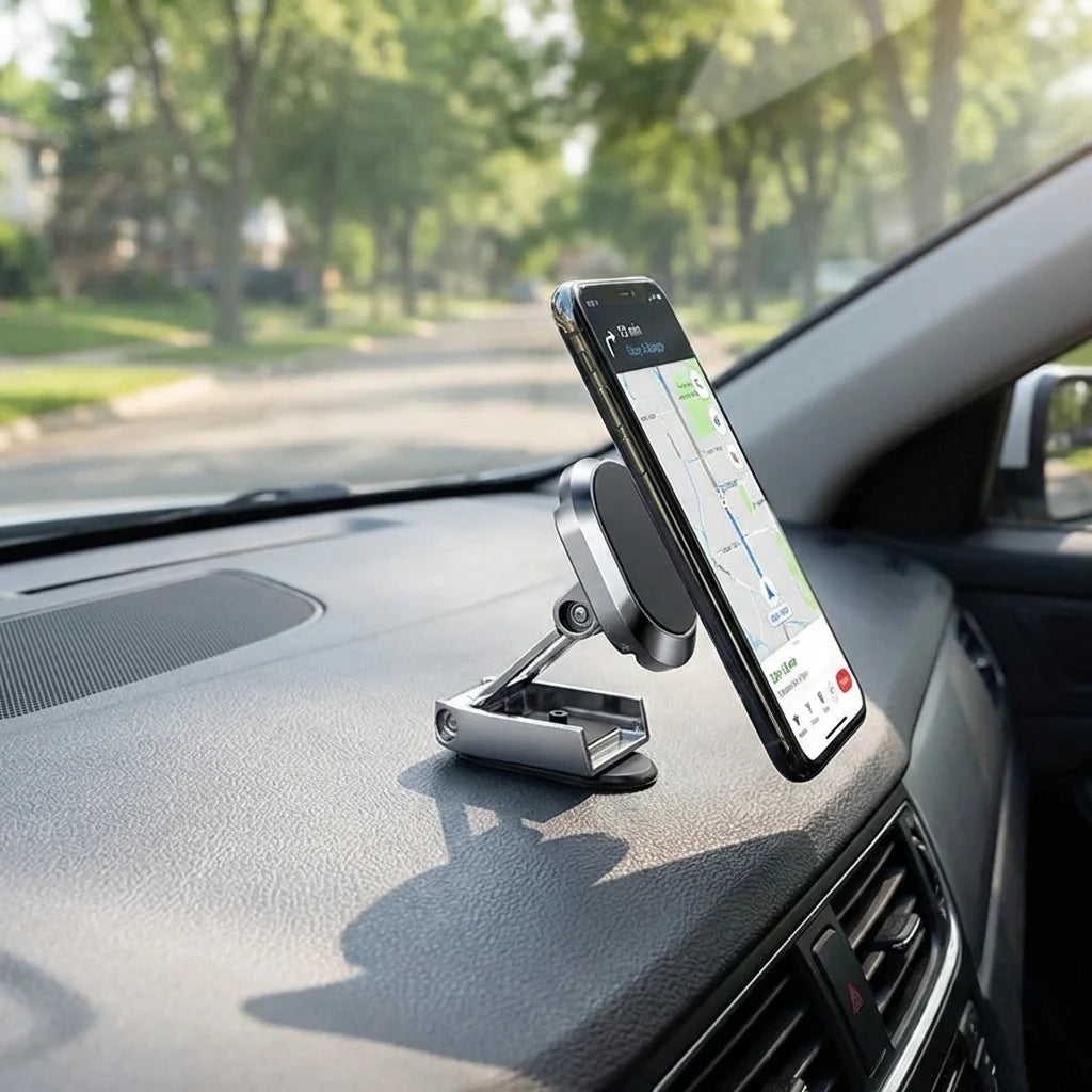 Magnetic car phone holder with dark cradle on dashboard