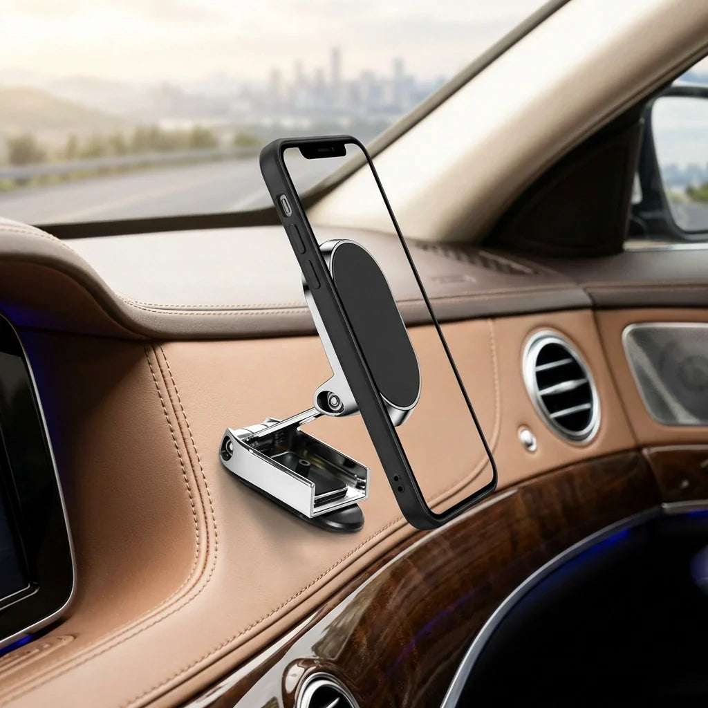 Magnetic car phone holder on center console with dark phone support