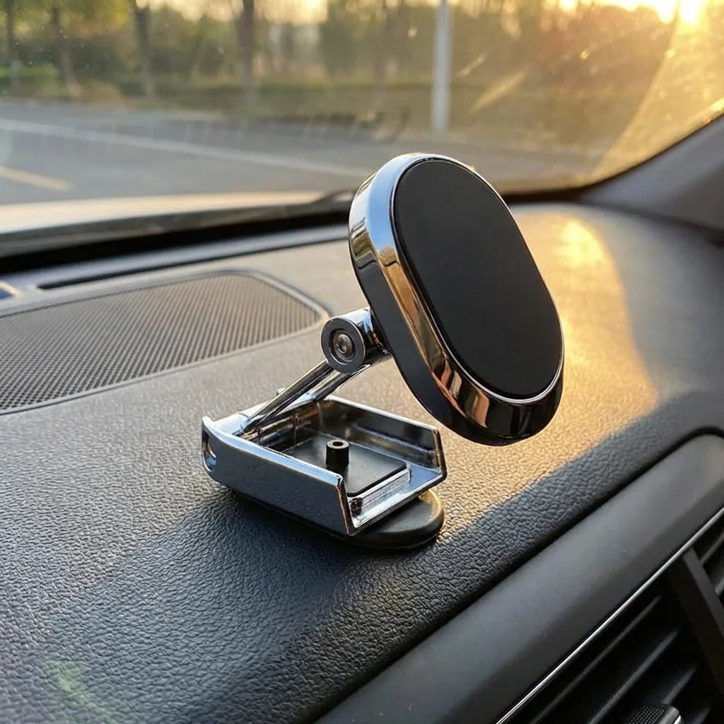 Magnetic car phone holder with phone mounted and metal base